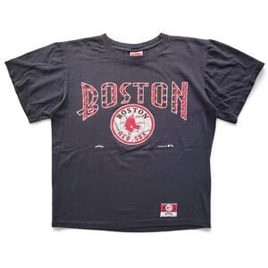 Vintage Boston Red Sox Nutmeg Sport Arch Spellout MLB Baseball Shirt Navy L 90s